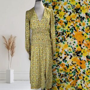 AFRM Hazel Smocked Midi Dress Size M Yellow Ditsy Floral Print Slit Long Sleeve